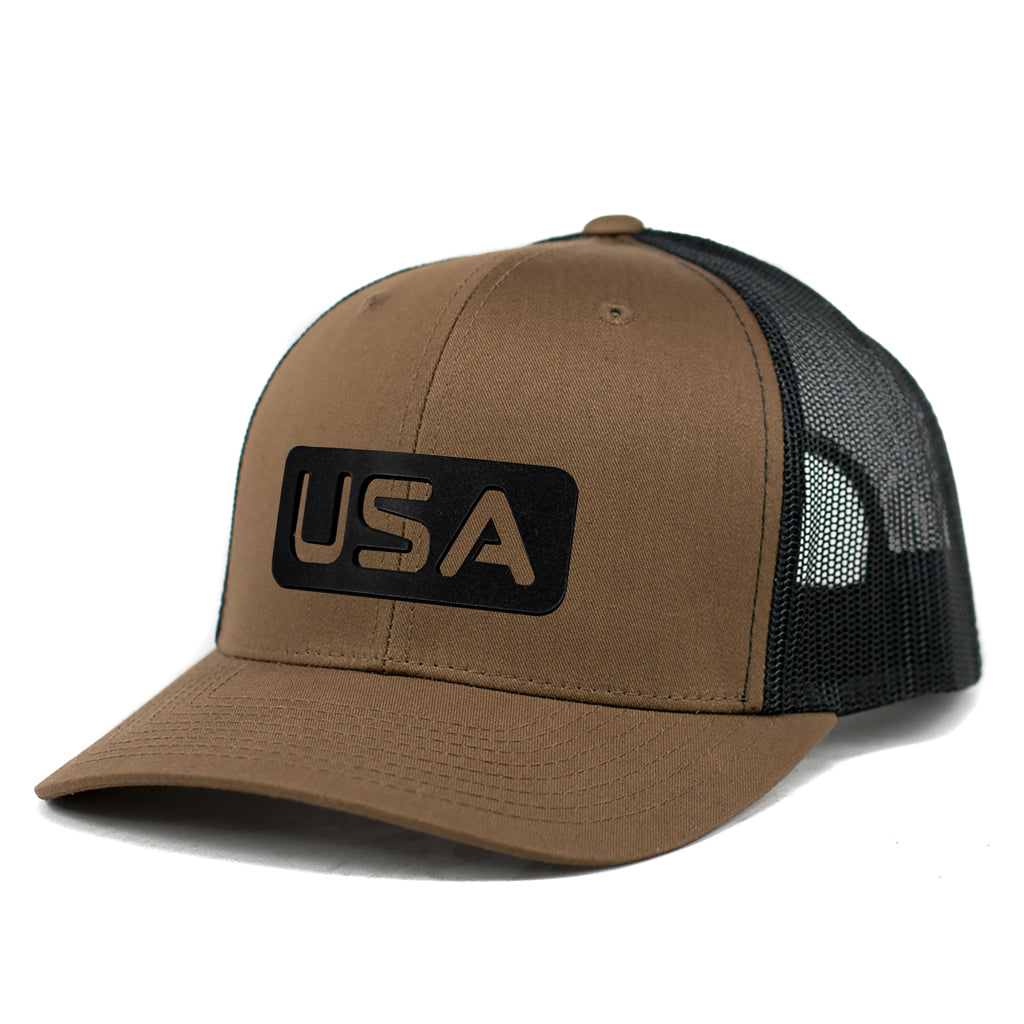 Leather USA Patch Curved Bill Trucker Hat